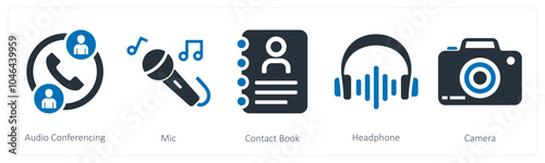 A set of 5 business icons as audio conferencing, mic, contact book