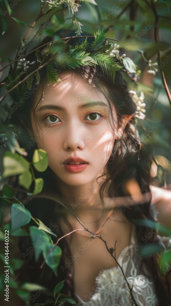 Asian girl as an elf princess in an ancient woodland. Asian girl as an elf princess in an ancient woodland.