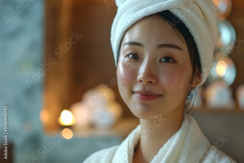 Relaxed Woman in Spa Setting with Towel Wrapped Around Head and Soft Lighting