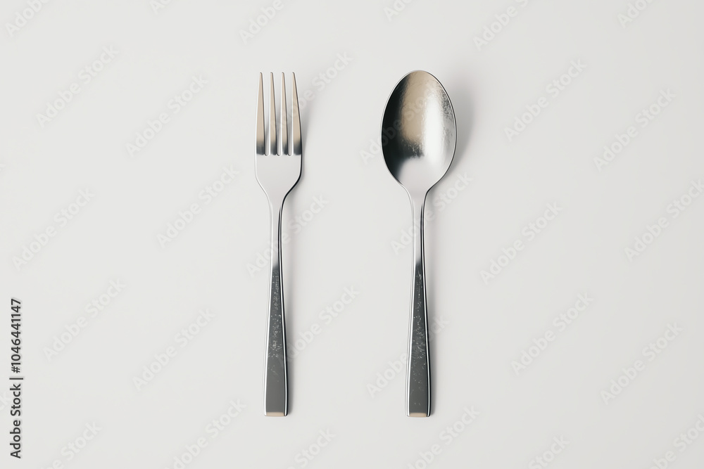 A sleek silver fork and spoon placed side by side on a pristine white surface, metallic reflections A sleek silver fork and spoon placed side by side on a pristine white surface, metallic reflections