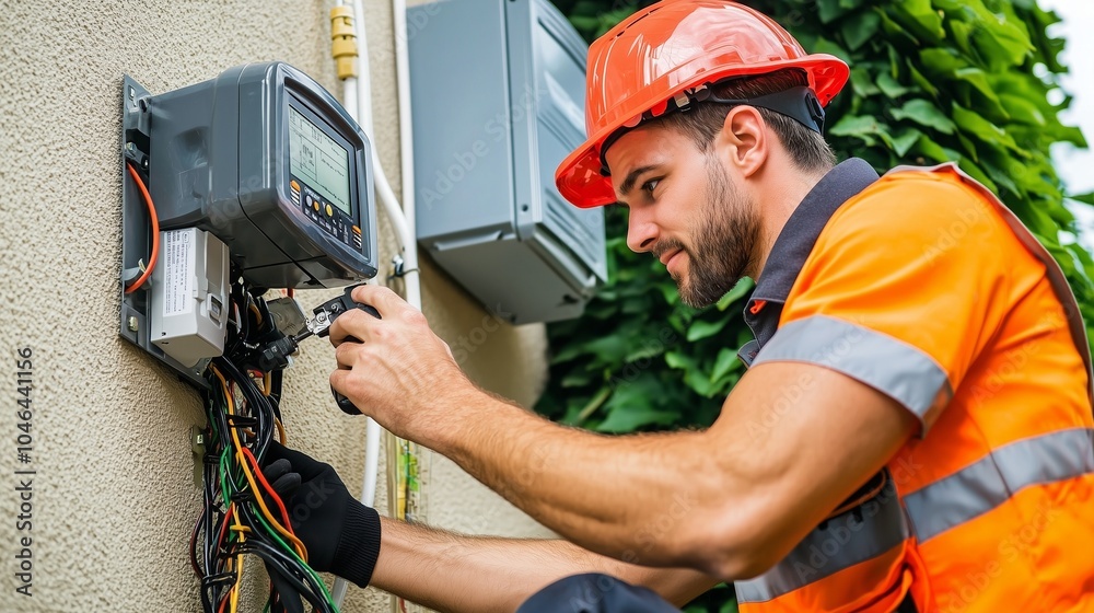 Electrician installing smart meter for efficient energy automation. Power monitoring. Electrician installing smart meter for efficient energy automation. Power monitoring.