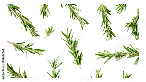 Fresh rosemary sprigs scattered on a transparent background for culinary uses and aromatic enhancements in various dishes.