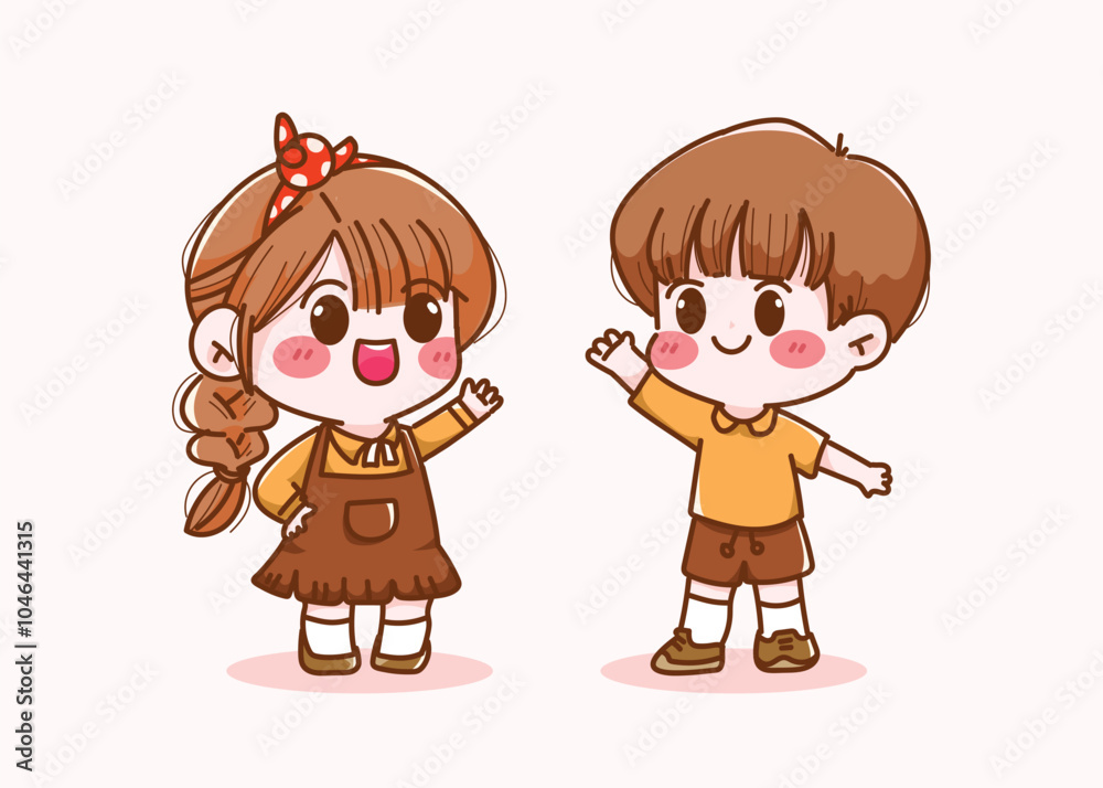 Hand drawn kawaii Girls and boys standing waving  cute cartoon vector illustration