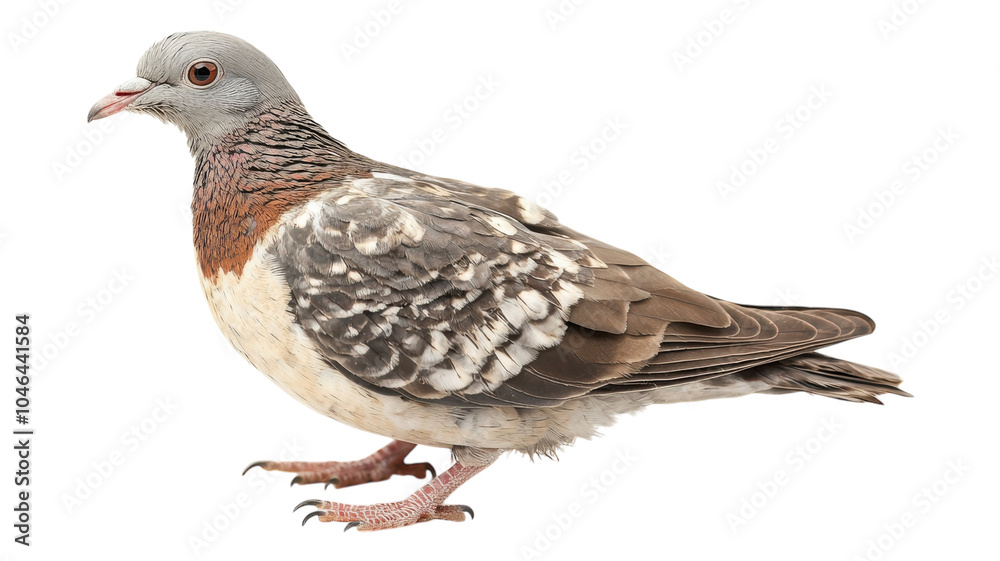 A close-up view of a unique pigeon species standing gracefully on a surface with detailed feather patterns and colors.