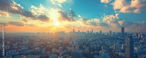 Tel Aviv city skyline under bright blue sky with clouds. Modern skyscrapers and urban landscape.