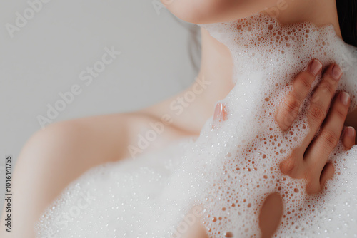 Close-up shot of a woman's neck and hand covered in foamy soap bubbles