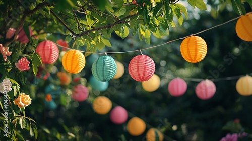Partydekoration für eine Gartenparty im Sommer, Leuchtende Lampion Girlande 