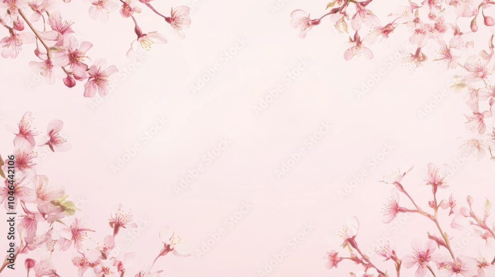 Fototapeta premium Photo of, Pink background with delicate cherry blossom branches and falling petals in soft pastel tones for design, banner template