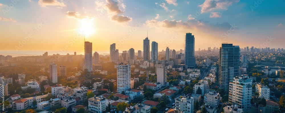 Fototapeta premium Tel Aviv city skyline under bright blue sky with clouds. Modern skyscrapers and urban landscape.