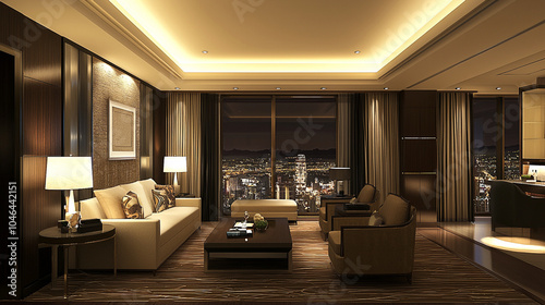 a luxury hotel suite with a spacious living area