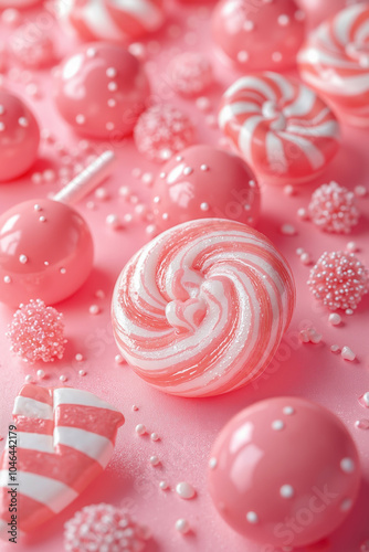 A bunch of pink and white lollipops on a pink surface