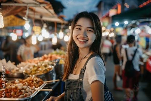 Asian girl attending a local street food festival or market.