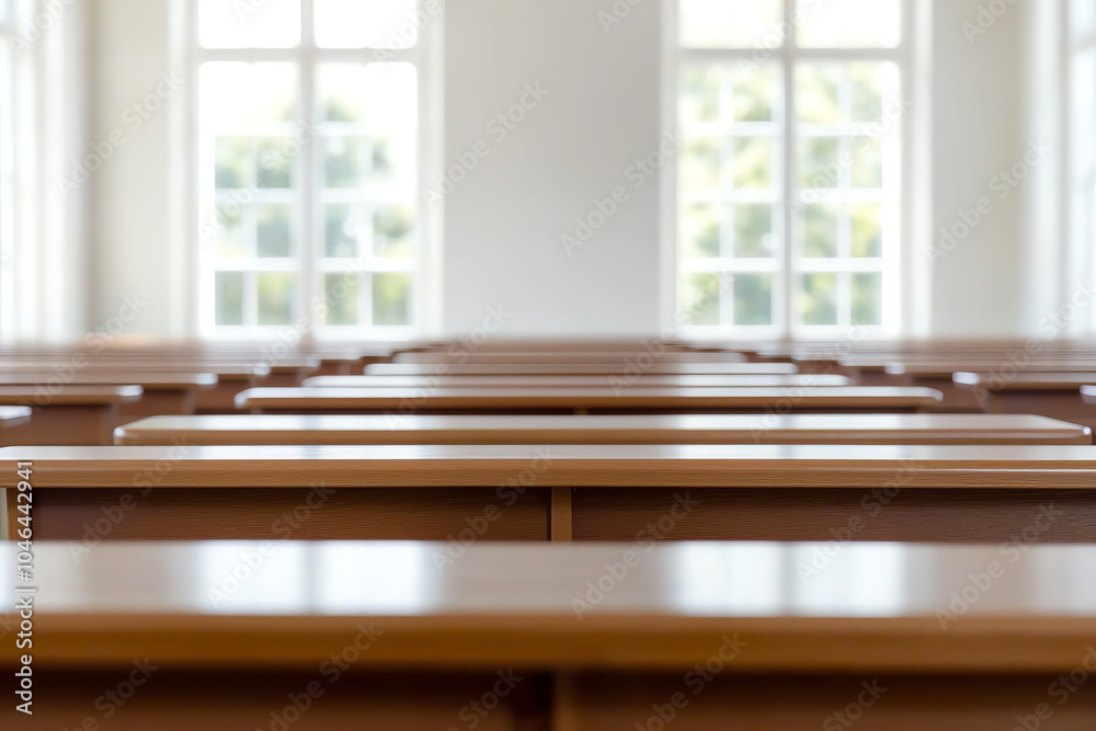 Fototapeta premium Cozy empty classroom with sunlight streaming through windows