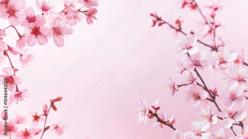 Photo of, Pink background with delicate cherry blossom branches and floating petals in soft pastel shades for design, banner template Photo of, Pink background with delicate cherry blossom branches and floating petals in soft pastel shades for design, banner template