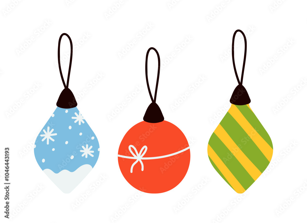 Set of Christmas decorations. Glass ball, drop. Hand drawing style. Set of Christmas decorations. Glass ball, drop. Hand drawing style.