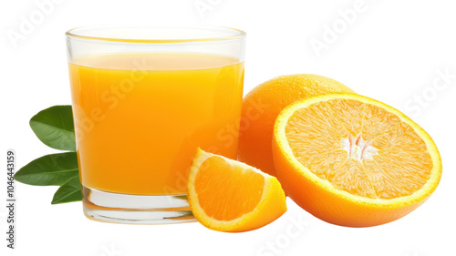 Freshly squeezed orange juice served in a glass with vibrant oranges and green leaves on a light background.