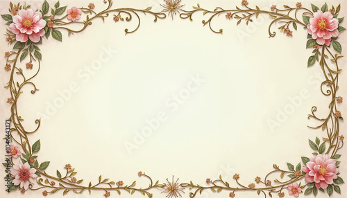 Frames and vignette for design template showcasing Victorian style. Embellished with lavish golden floral borders, featuring elaborate curling vines and blossoms, ideal for invitations, greeting