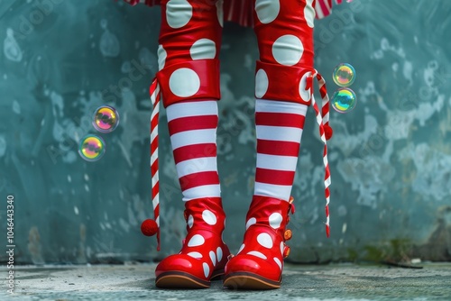 Colorful clown shoes with striped socks for Fool s Day featuring a bubble blower photo