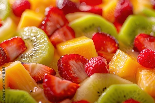 Colorful fruit salad in close up against a backdrop photo