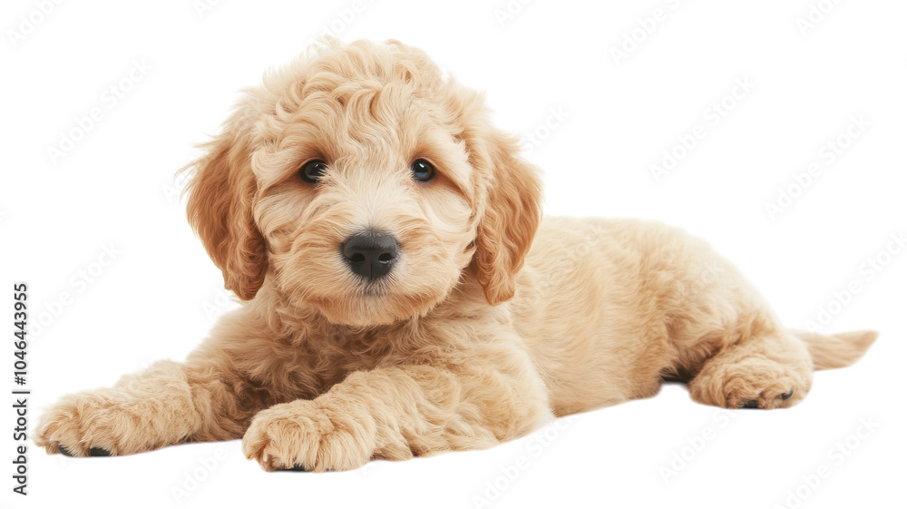 A playful golden doodle puppy lying comfortably on a soft surface indoors, showcasing its fluffy coat and curious expression. A playful golden doodle puppy lying comfortably on a soft surface indoors, showcasing its fluffy coat and curious expression.