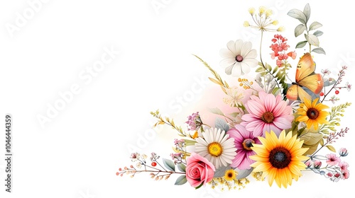 Vibrant floral composition with butterflies and leaves