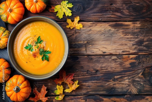 Country style pumpkin and carrot cream soup on rustic wood background Autumn recipe with copy space Top view photo