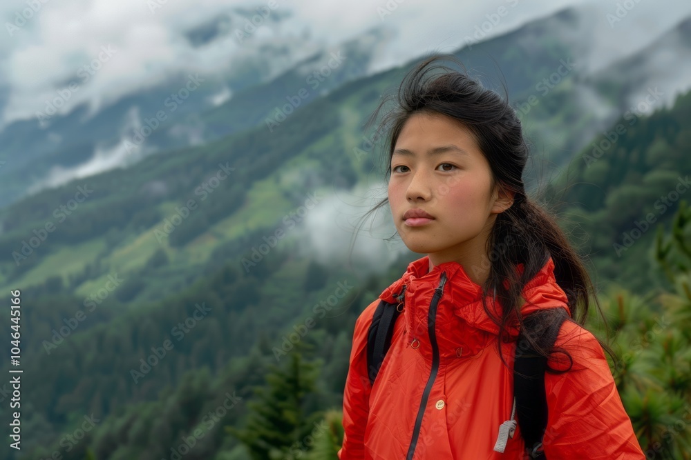Asian girl enjoying a scenic hike in the mountains. Asian girl enjoying a scenic hike in the mountains.