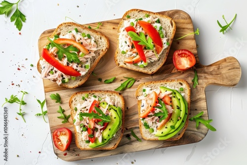 Cream cheese avocado and tuna sandwiches on wooden board against white background viewed from above Ideal for breakfast or snack