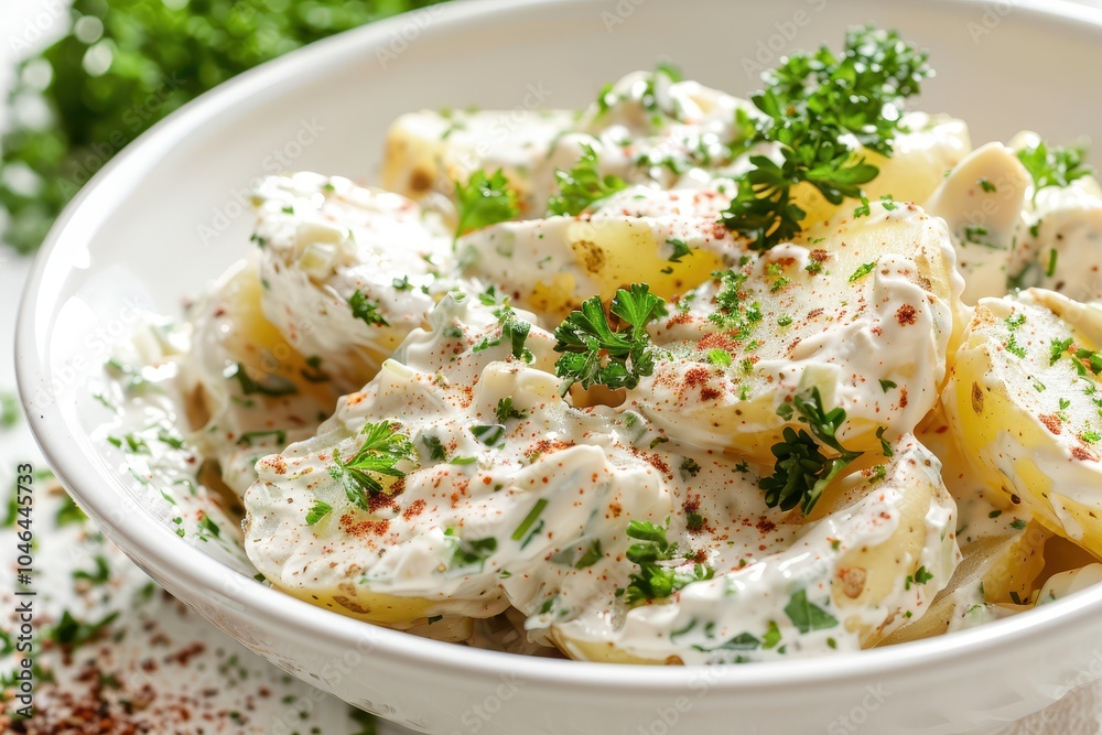 Creamed German potato salad slices in a white bowl with herbs and spices isolated on white background Creamed German potato salad slices in a white bowl with herbs and spices isolated on white background