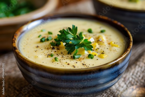 Creamy corn bisque a thick and seasoned cream soup similar to clam chowder photo