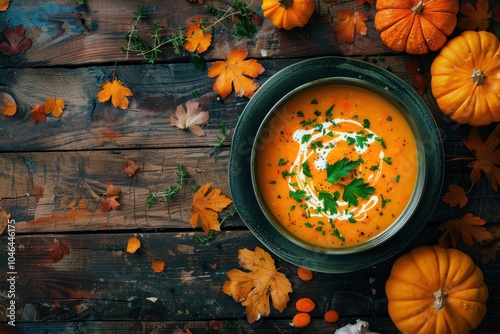 Creamy pumpkin and carrot soup garnished with parsley on dark wood surface photo