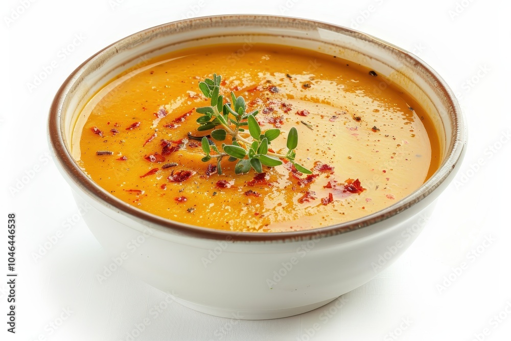 Creamy vegetable soup garnished with chili flakes and thyme on white background Creamy vegetable soup garnished with chili flakes and thyme on white background