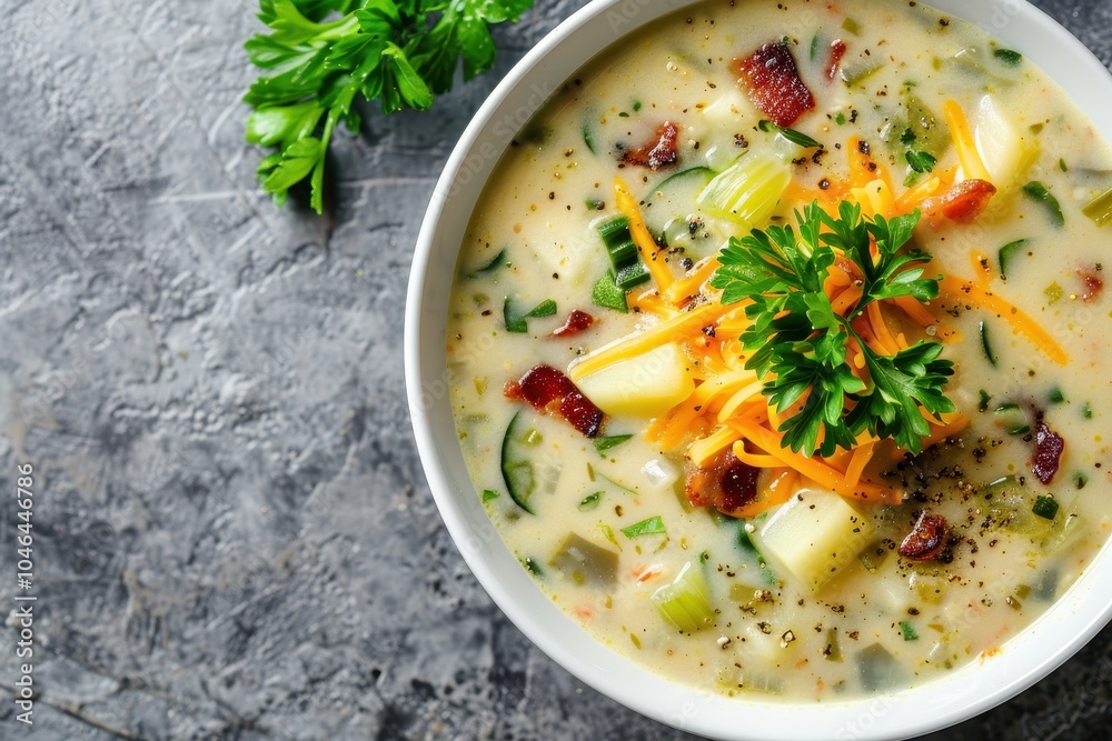 Creamy zucchini soup with potatoes onions cheese bacon and celery in white bowl on stone table Top view Creamy zucchini soup with potatoes onions cheese bacon and celery in white bowl on stone table Top view