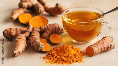Cup of tea with a spoon and a bunch of ginger root