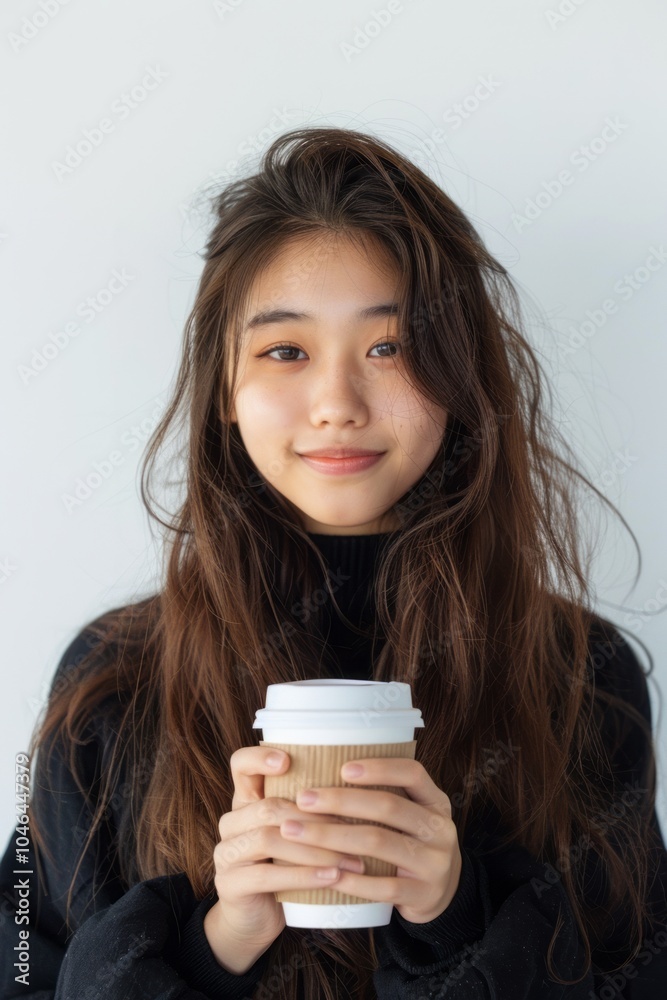 Asian girl holding a coffee cup, with a clean white background. Asian girl holding a coffee cup, with a clean white background.
