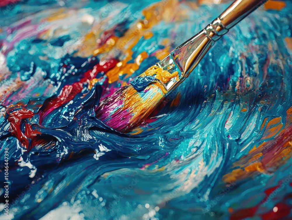 Fototapeta premium Vibrant Close-Up of Paintbrush in Artistic Palette