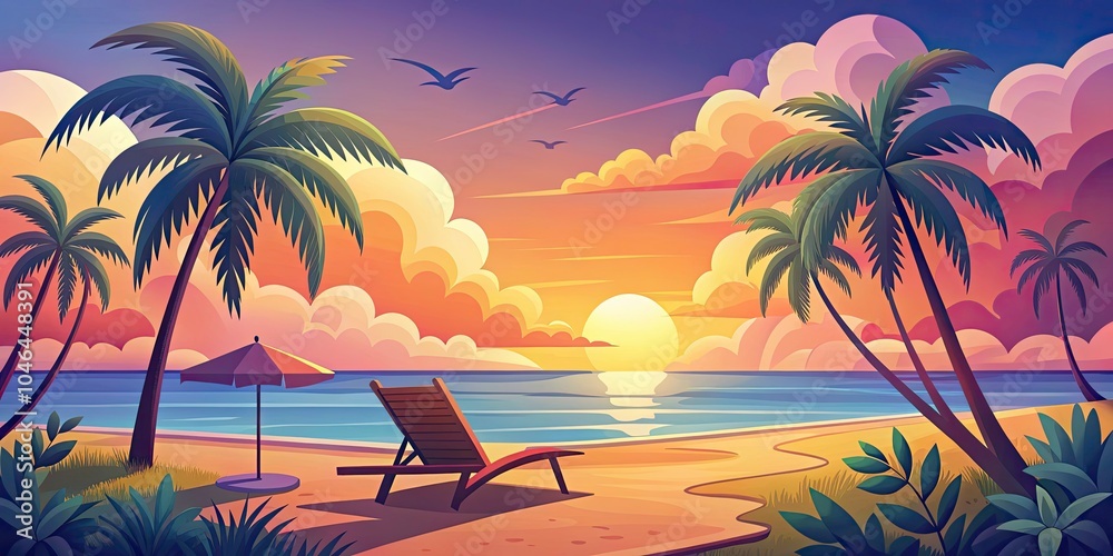 Obraz premium Surreal Summer Escape in Cyprus with Palm Trees and Lounge Chairs - Travel Illustration for Dreamy Destinations