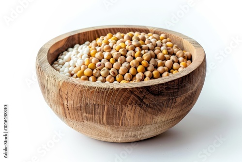 Dry yellow and white peas in wooden bowl isolated on white background photo