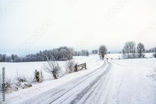 Icy road in a the countryside a winter day