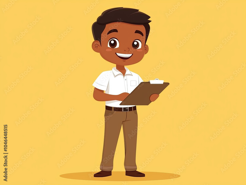 cheerful young boy stands confidently holding clipboard, dressed in white shirt and brown pants against bright yellow background. His smile radiates positivity and enthusiasm cheerful young boy stands confidently holding clipboard, dressed in white shirt and brown pants against bright yellow background. His smile radiates positivity and enthusiasm