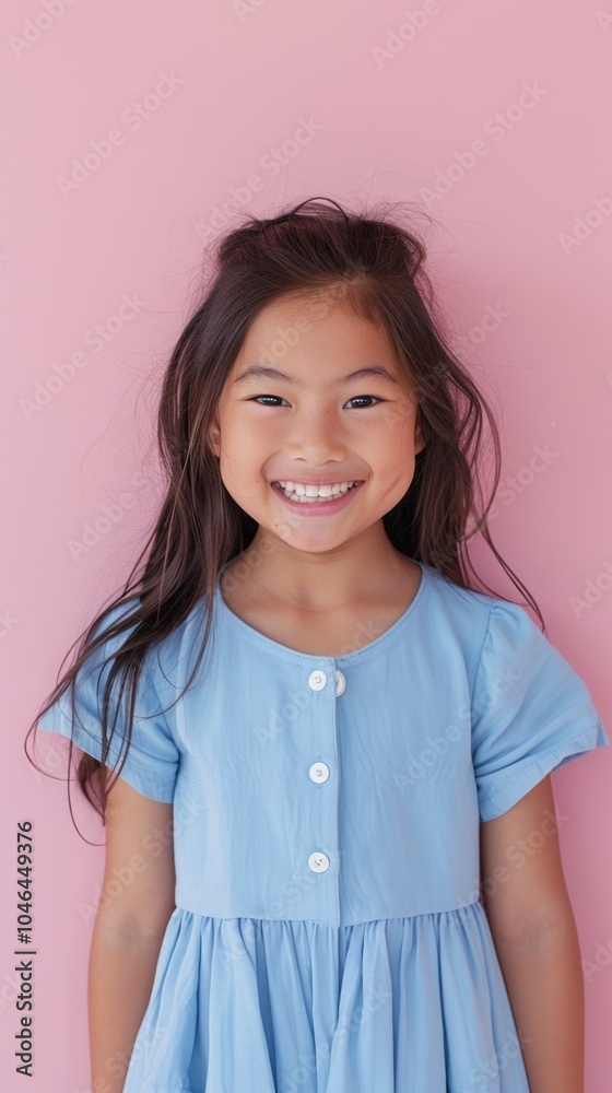 Asian girl in a blue dress, smiling against a plain pastel pink background. Asian girl in a blue dress, smiling against a plain pastel pink background.