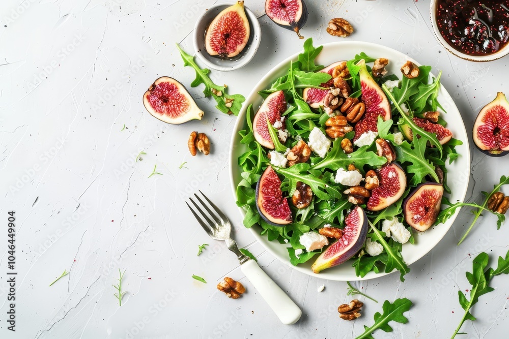 Fig salad with goat cheese walnuts arugula jam dressing top view white background copy space Fig salad with goat cheese walnuts arugula jam dressing top view white background copy space