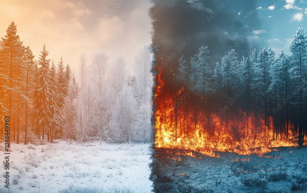 Fototapeta premium Global Warming - Forest on Fire and Ice: A split image of a forest, with one half frozen in snow and ice, and the other half engulfed in wildfires, representing the extreme weather