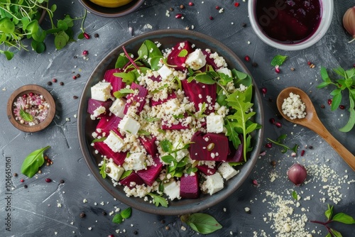 Flat lay background of nutritious salad with couscous cheese beetroot and dressing