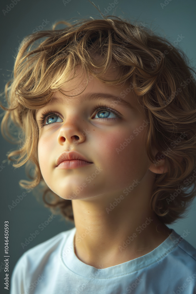 A young boy with curly hair and blue eyes looking up at the sky A young boy with curly hair and blue eyes looking up at the sky