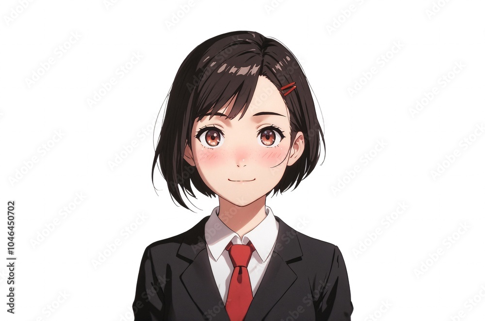 Half body illustration of an anime office shorthair woman smiling cutely. Half body illustration of an anime office shorthair woman smiling cutely.