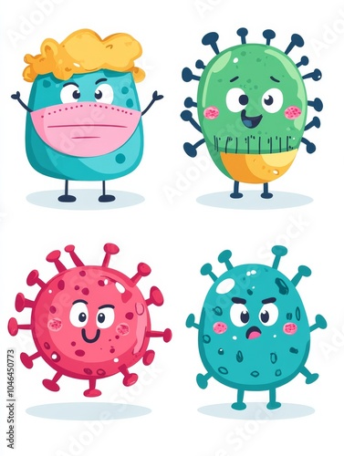 Cartoon virus characters with various expressions on white background