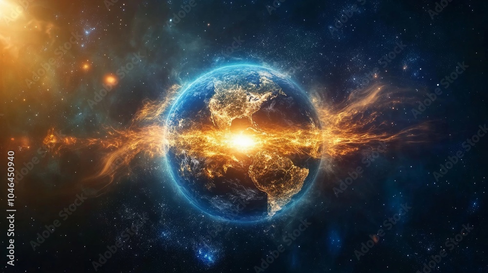 The magnetic field of Earth. Space weather and the Sun-Earth relationship. The magnetosphere is affected by solar magnetic fields and perticle blasts. Earth's magnetic bubble and plasma The magnetic field of Earth. Space weather and the Sun-Earth relationship. The magnetosphere is affected by solar magnetic fields and perticle blasts. Earth's magnetic bubble and plasma