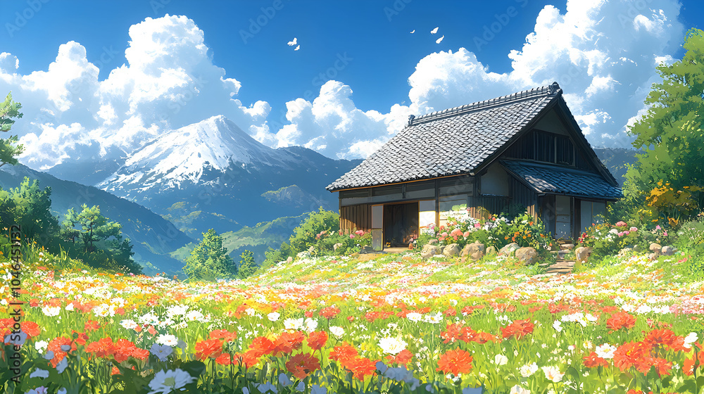 Traditional Japanese-style house on a hilltop amidst vibrant wildflowers, with snow-capped mountains and a brilliant blue sky, exuding peace and tranquility Traditional Japanese-style house on a hilltop amidst vibrant wildflowers, with snow-capped mountains and a brilliant blue sky, exuding peace and tranquility
