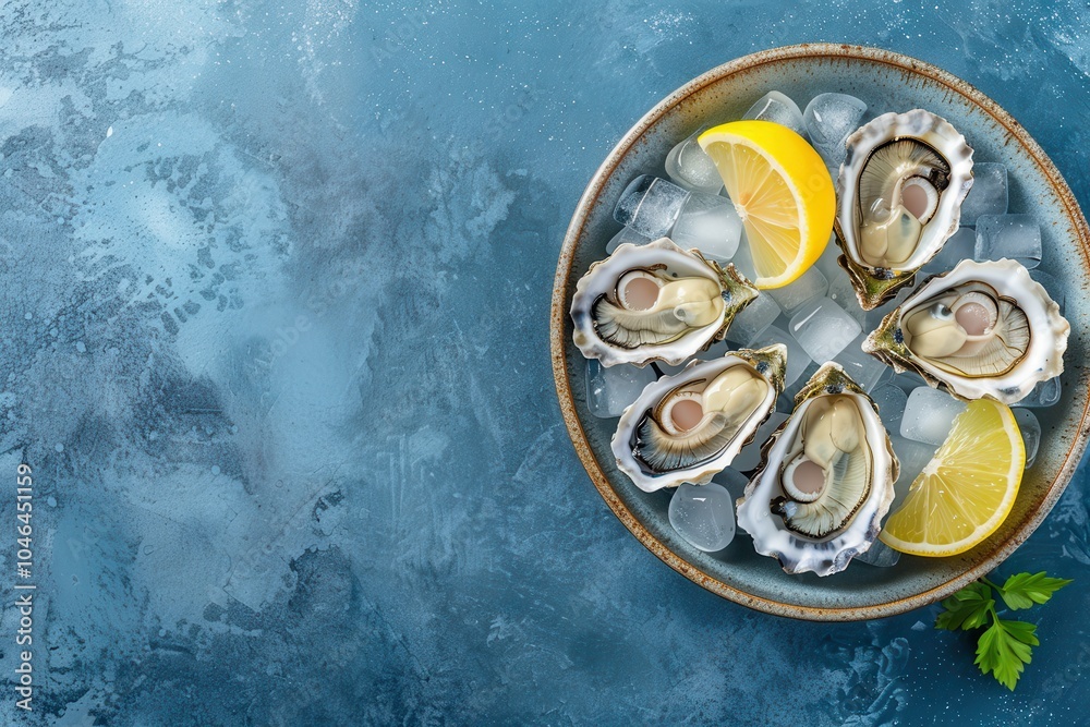 Fresh oysters on ice with lemon Seafood Top view Copy space available Fresh oysters on ice with lemon Seafood Top view Copy space available